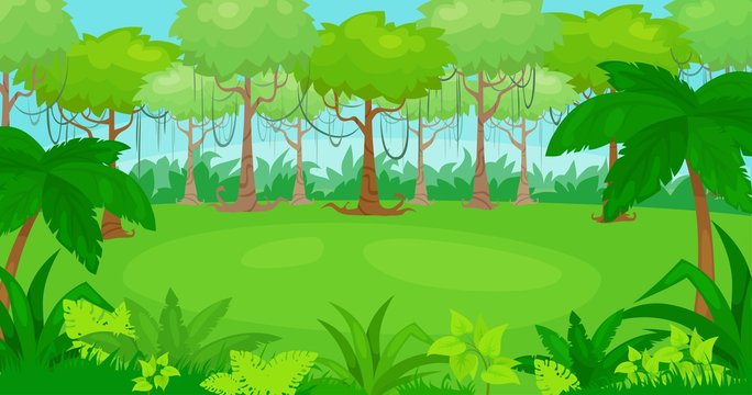 Vector cartoon illustration of jungle  background. vector landscape.