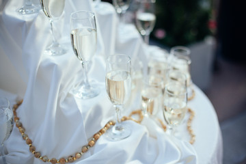 Dish with champagne and wine glasses. On outdoor wedding reception in summer.