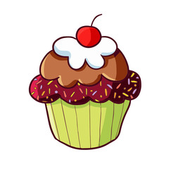Yummy chocolate cupcake with red cherry on top - vector.