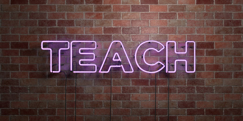 TEACH - fluorescent Neon tube Sign on brickwork - Front view - 3D rendered royalty free stock picture. Can be used for online banner ads and direct mailers..