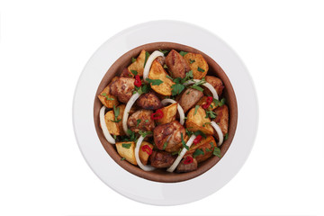 odzhahuri roasted meat with potatoes traditional Georgian dish white background top view
