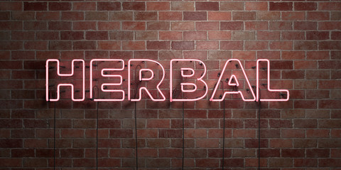Obraz premium HERBAL - fluorescent Neon tube Sign on brickwork - Front view - 3D rendered royalty free stock picture. Can be used for online banner ads and direct mailers..