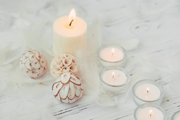 Obraz na płótnie Canvas white palm candle with natural decoration for spa on white wooden table