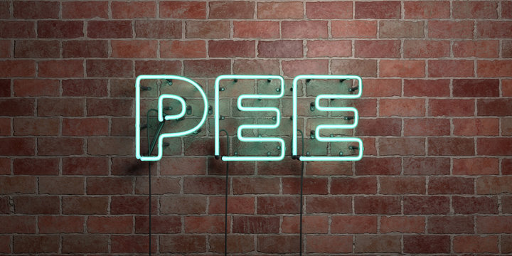 PEE - fluorescent Neon tube Sign on brickwork - Front view - 3D rendered royalty free stock picture. Can be used for online banner ads and direct mailers..