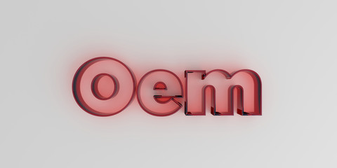 Oem - Red glass text on white background - 3D rendered royalty free stock image.
