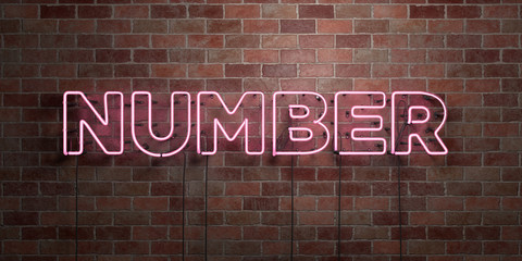 Obraz premium NUMBER - fluorescent Neon tube Sign on brickwork - Front view - 3D rendered royalty free stock picture. Can be used for online banner ads and direct mailers..