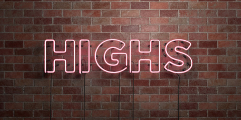 HIGHS - fluorescent Neon tube Sign on brickwork - Front view - 3D rendered royalty free stock picture. Can be used for online banner ads and direct mailers..