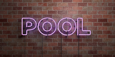 Fototapeta na wymiar POOL - fluorescent Neon tube Sign on brickwork - Front view - 3D rendered royalty free stock picture. Can be used for online banner ads and direct mailers..