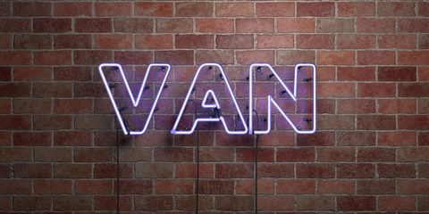 VAN - fluorescent Neon tube Sign on brickwork - Front view - 3D rendered royalty free stock picture. Can be used for online banner ads and direct mailers..