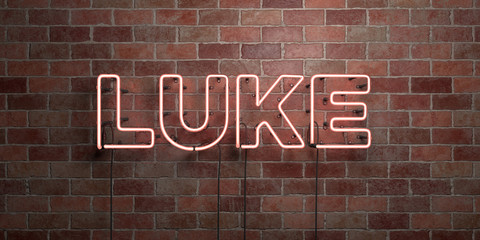 Fototapeta na wymiar LUKE - fluorescent Neon tube Sign on brickwork - Front view - 3D rendered royalty free stock picture. Can be used for online banner ads and direct mailers..