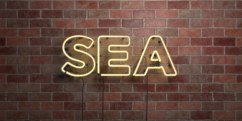 SEA - fluorescent Neon tube Sign on brickwork - Front view - 3D rendered royalty free stock picture. Can be used for online banner ads and direct mailers..