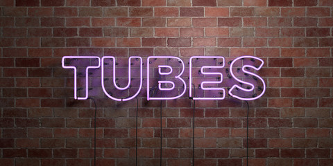 TUBES - fluorescent Neon tube Sign on brickwork - Front view - 3D rendered royalty free stock picture. Can be used for online banner ads and direct mailers..