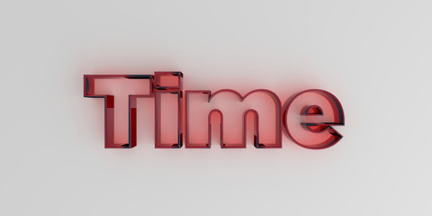 Time - Red glass text on white background - 3D rendered royalty free stock image.