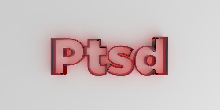 Ptsd - Red glass text on white background - 3D rendered royalty free stock image.