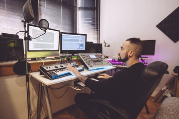 Fototapeta na wymiar keyboard professional operator mixing tracks in an audio editing program