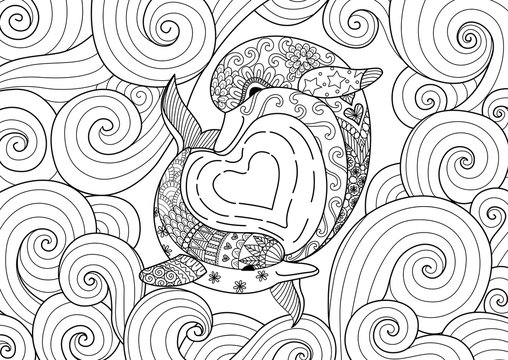 Two dolphins swimming make hearted shape wave under water world for coloring page and design element