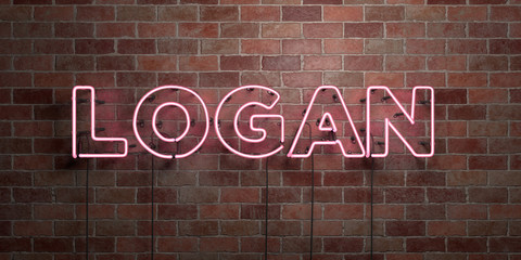 LOGAN - fluorescent Neon tube Sign on brickwork - Front view - 3D rendered royalty free stock picture. Can be used for online banner ads and direct mailers..