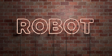 Fototapeta na wymiar ROBOT - fluorescent Neon tube Sign on brickwork - Front view - 3D rendered royalty free stock picture. Can be used for online banner ads and direct mailers..