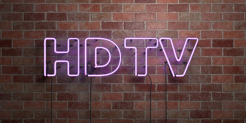 HDTV - fluorescent Neon tube Sign on brickwork - Front view - 3D rendered royalty free stock picture. Can be used for online banner ads and direct mailers..