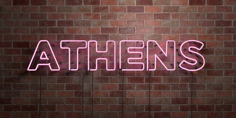 ATHENS - fluorescent Neon tube Sign on brickwork - Front view - 3D rendered royalty free stock picture. Can be used for online banner ads and direct mailers..