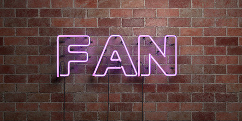 FAN - fluorescent Neon tube Sign on brickwork - Front view - 3D rendered royalty free stock picture. Can be used for online banner ads and direct mailers..