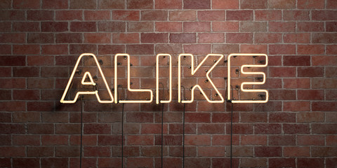 ALIKE - fluorescent Neon tube Sign on brickwork - Front view - 3D rendered royalty free stock picture. Can be used for online banner ads and direct mailers..