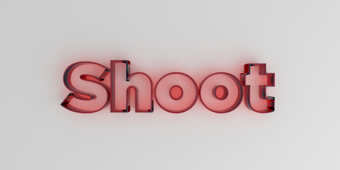 Shoot - Red glass text on white background - 3D rendered royalty free stock image.