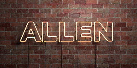 ALLEN - fluorescent Neon tube Sign on brickwork - Front view - 3D rendered royalty free stock picture. Can be used for online banner ads and direct mailers..