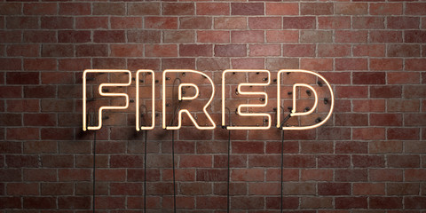 Fototapeta na wymiar FIRED - fluorescent Neon tube Sign on brickwork - Front view - 3D rendered royalty free stock picture. Can be used for online banner ads and direct mailers..