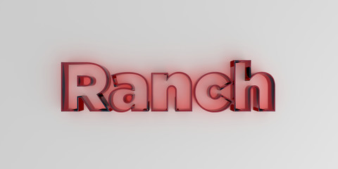 Ranch - Red glass text on white background - 3D rendered royalty free stock image.