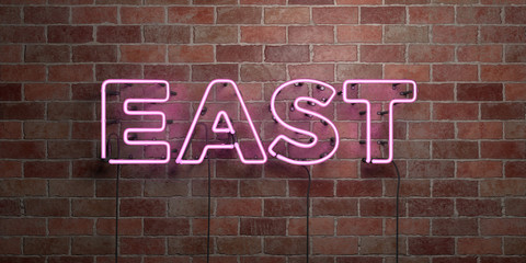 EAST - fluorescent Neon tube Sign on brickwork - Front view - 3D rendered royalty free stock picture. Can be used for online banner ads and direct mailers..