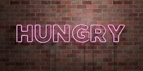 HUNGRY - fluorescent Neon tube Sign on brickwork - Front view - 3D rendered royalty free stock picture. Can be used for online banner ads and direct mailers..