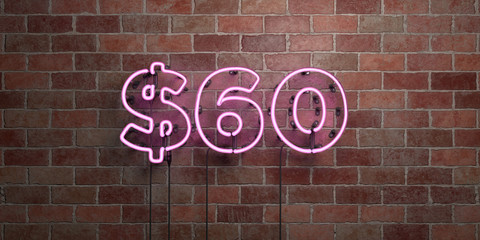 $60 - fluorescent Neon tube Sign on brickwork - Front view - 3D rendered royalty free stock picture. Can be used for online banner ads and direct mailers..