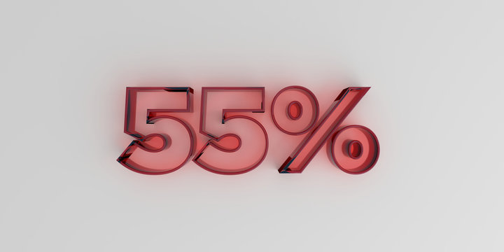 55% - Red glass text on white background - 3D rendered royalty free stock image.