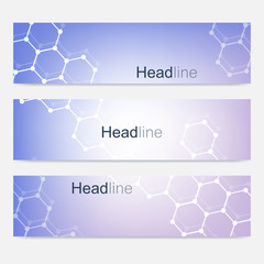 Scientific set of modern vector banners. DNA molecule structure with connected lines and dots. Science vector background. Medical, tecnology, chemistry design.