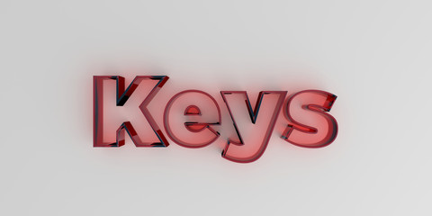 Keys - Red glass text on white background - 3D rendered royalty free stock image.