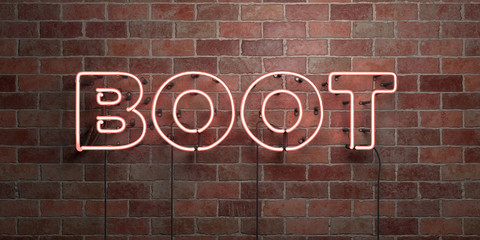BOOT - fluorescent Neon tube Sign on brickwork - Front view - 3D rendered royalty free stock picture. Can be used for online banner ads and direct mailers..