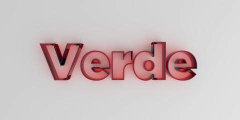 Verde - Red glass text on white background - 3D rendered royalty free stock image.
