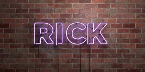 RICK - fluorescent Neon tube Sign on brickwork - Front view - 3D rendered royalty free stock picture. Can be used for online banner ads and direct mailers..