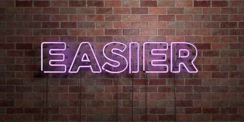 EASIER - fluorescent Neon tube Sign on brickwork - Front view - 3D rendered royalty free stock picture. Can be used for online banner ads and direct mailers..