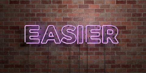 EASIER - fluorescent Neon tube Sign on brickwork - Front view - 3D rendered royalty free stock picture. Can be used for online banner ads and direct mailers..