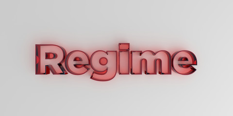 Regime - Red glass text on white background - 3D rendered royalty free stock image.