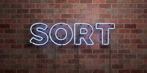 Fototapeta na wymiar SORT - fluorescent Neon tube Sign on brickwork - Front view - 3D rendered royalty free stock picture. Can be used for online banner ads and direct mailers..