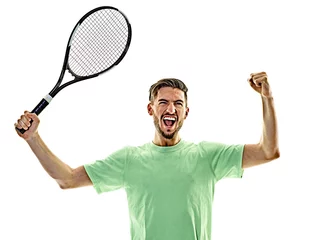 Badkamer foto achterwand one caucasian  man playing tennis player isolated on white background © snaptitude