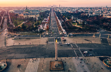 Place de la Concorde and the Champs-Elysees aerial view at sunset in Paris, France
