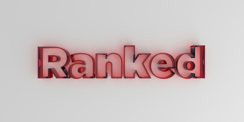 Ranked - Red glass text on white background - 3D rendered royalty free stock image.