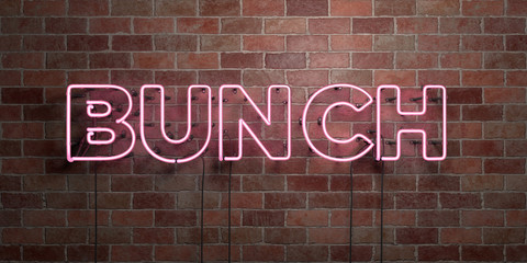 BUNCH - fluorescent Neon tube Sign on brickwork - Front view - 3D rendered royalty free stock picture. Can be used for online banner ads and direct mailers..