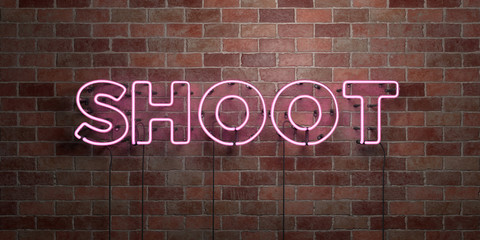 SHOOT - fluorescent Neon tube Sign on brickwork - Front view - 3D rendered royalty free stock picture. Can be used for online banner ads and direct mailers..