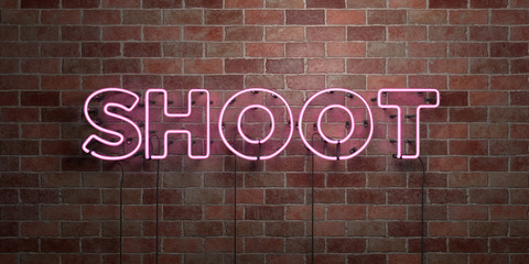 Obraz premium SHOOT - fluorescent Neon tube Sign on brickwork - Front view - 3D rendered royalty free stock picture. Can be used for online banner ads and direct mailers..