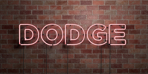DODGE - fluorescent Neon tube Sign on brickwork - Front view - 3D rendered royalty free stock picture. Can be used for online banner ads and direct mailers..